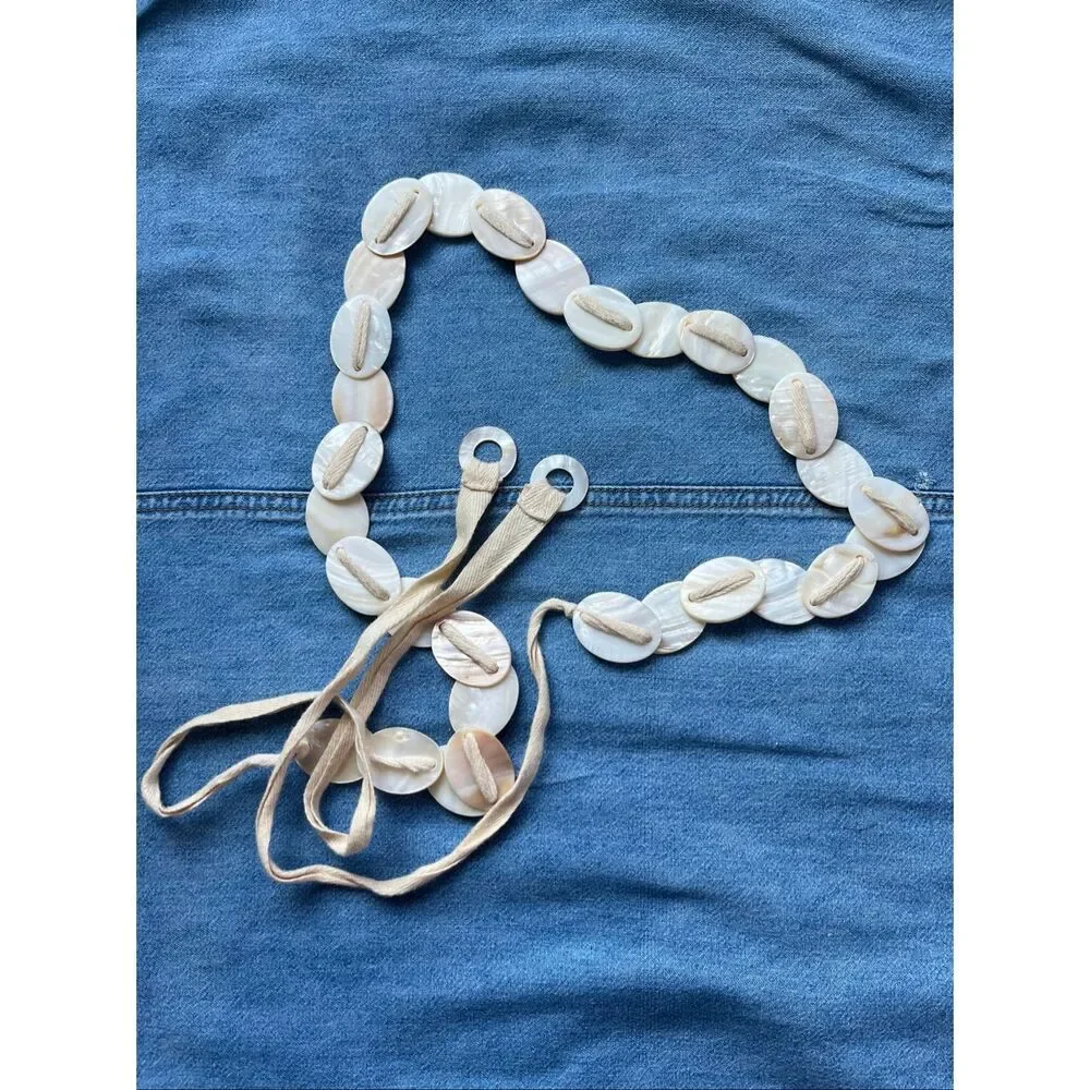 VTG Mother of Pearl Shell Tie Belt Boho Coastal Mermaid Resort Waist Sash 68